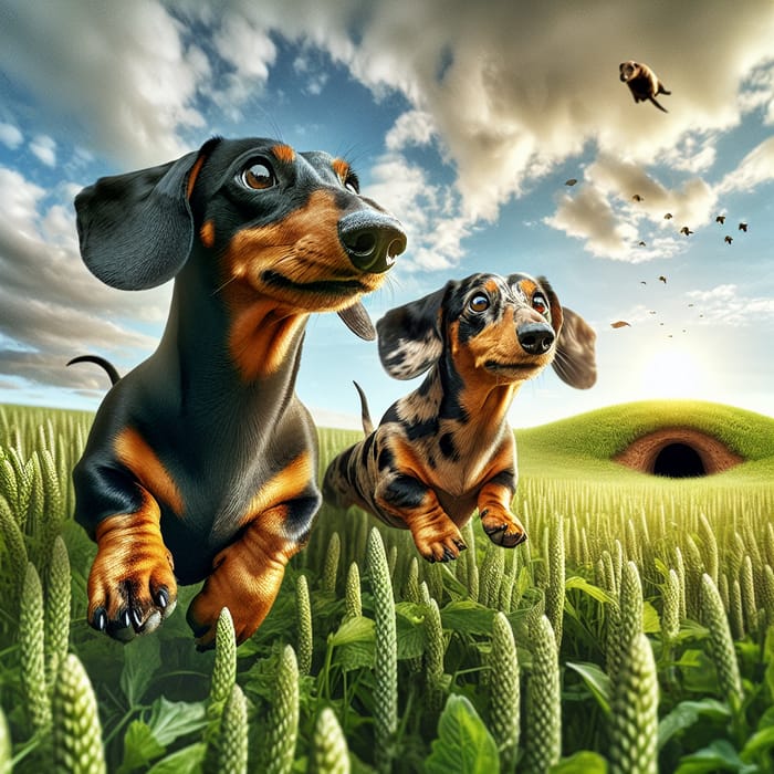 Dachshunds - Energetic Sausage Dogs Hunting Badgers in a Playful Field