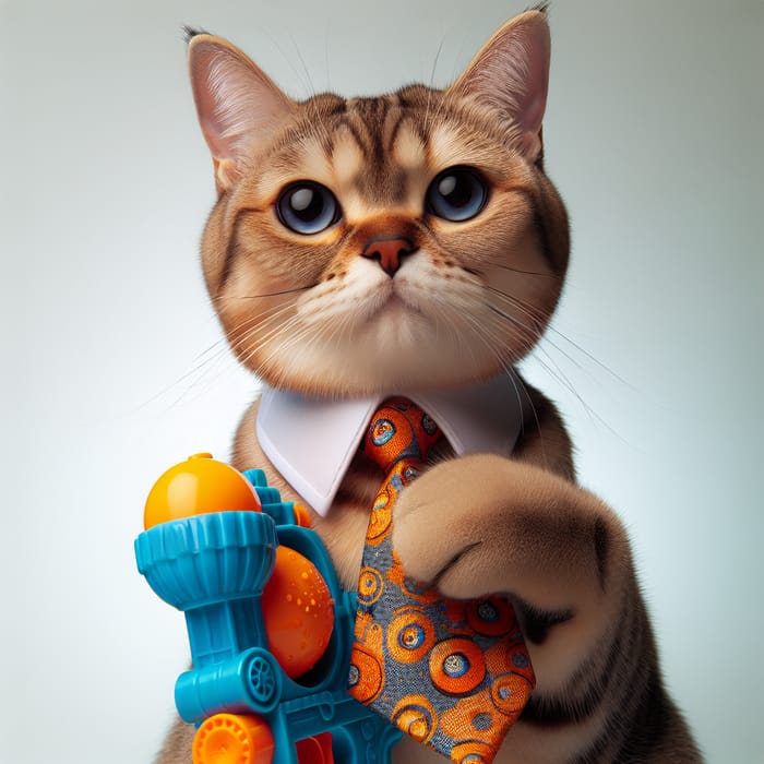 Curious Cat with Fancy Tie and Toy Gun | Playful Feline Apparel