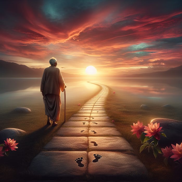 Emotive Serene Sunset Landscape with Elderly Person