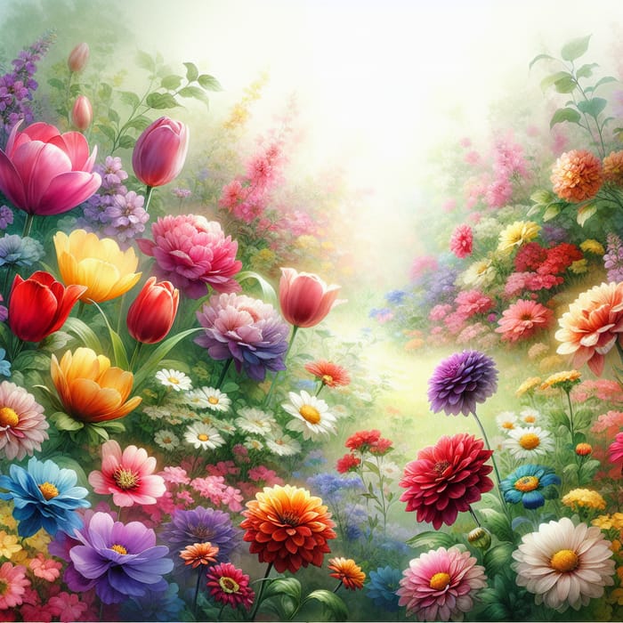 Tranquil Garden Scene | Vibrant Flowers Watercolor Art
