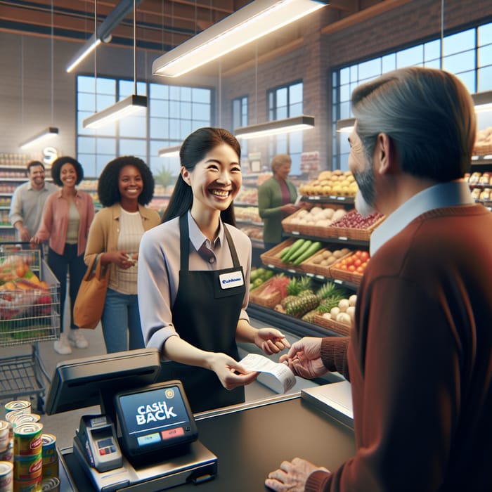 Grocery Store Checkout Scene with Cash Back Offer