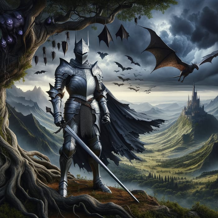 Majestic Knight in Silver Armor amidst Fantasy Realm