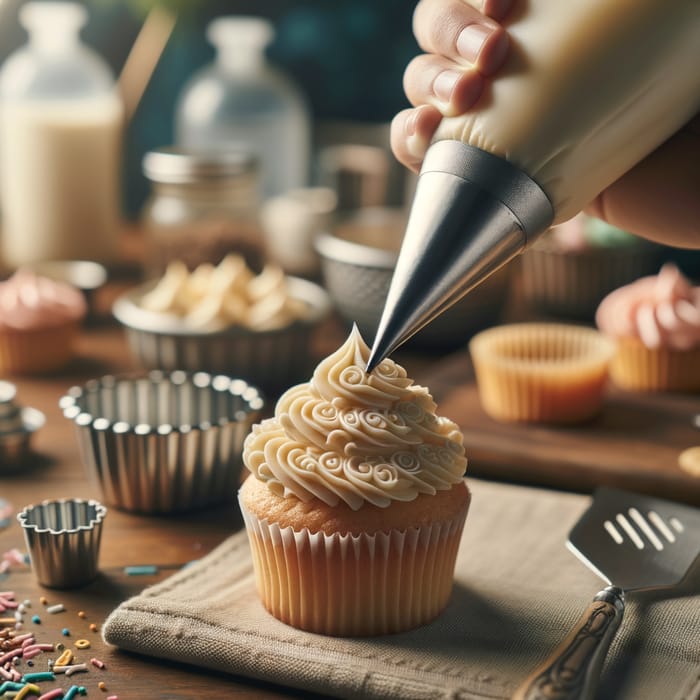 Decorating Cupcake with Buttercream Frosting | Baking Utensils Background