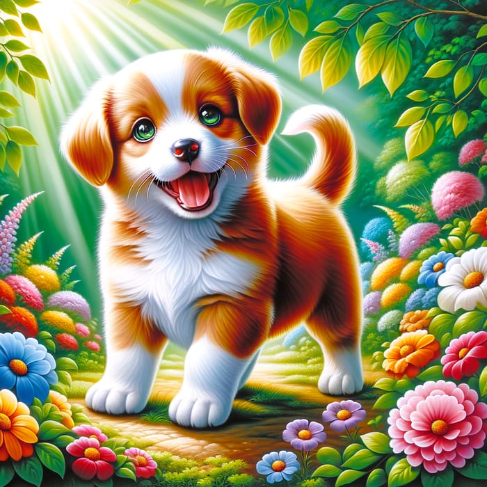 Playful Puppy in Vibrant Garden | Cute Pup Images
