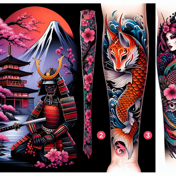 Samurai and Japanese Temple Tattoo Design with Koi Fish, AI Art Generator