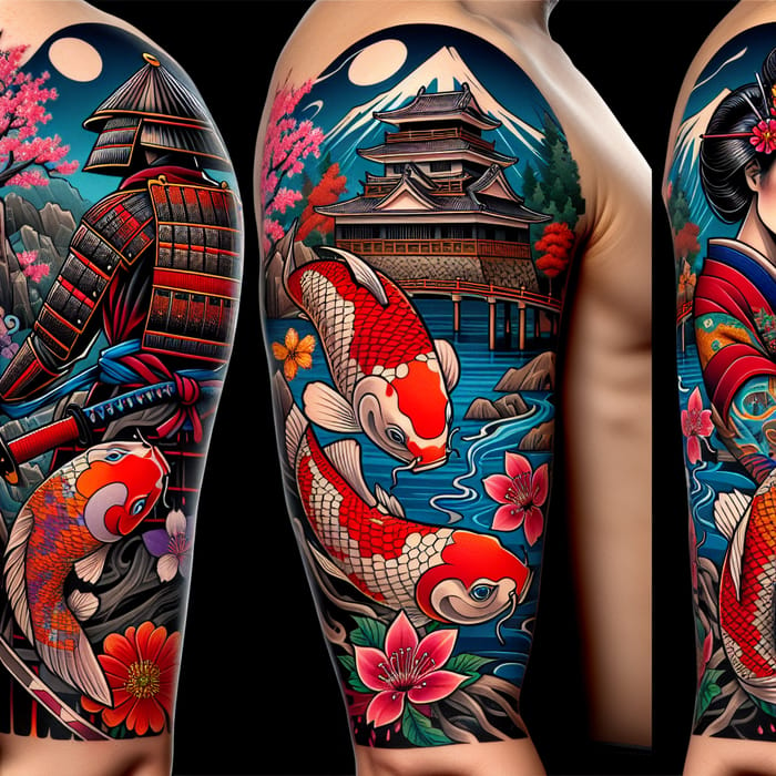 Samurai and Koi Tattoo Design with Japanese Temple Scenery