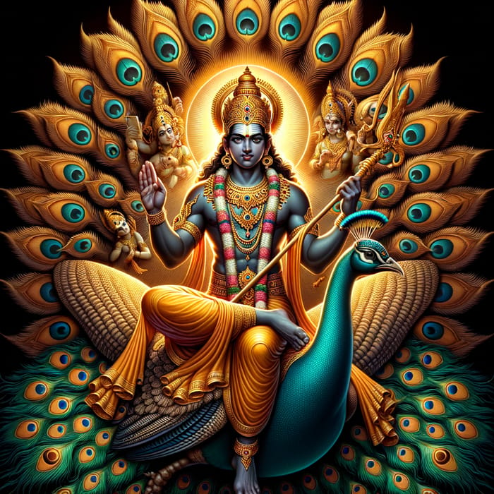 Lord Subramanya: Divine Figure on Peacock | Vibrant Brilliance and Powerful Aura