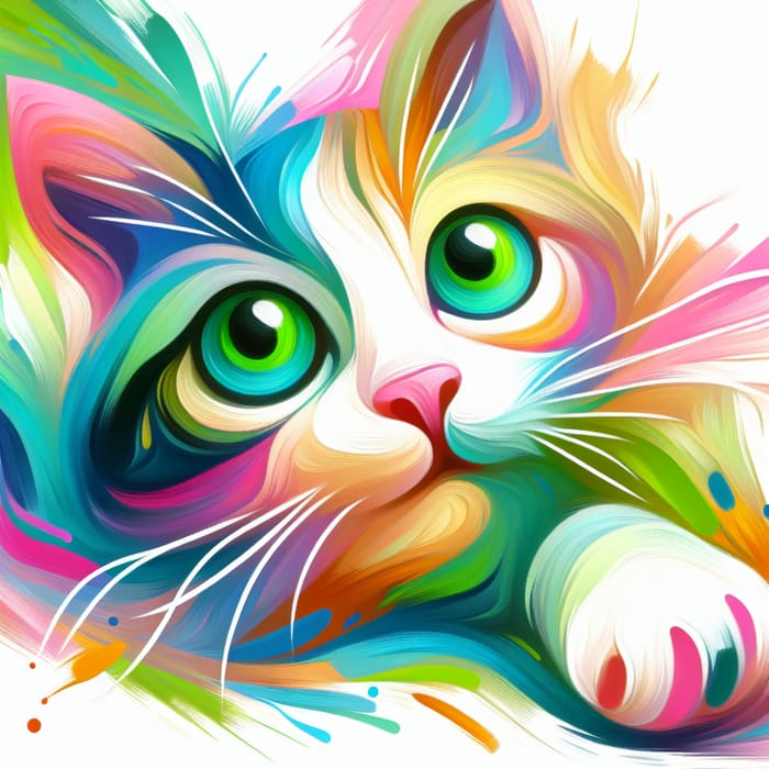 Playful Cat with Bright Green Eyes - Whimsical Digital Painting