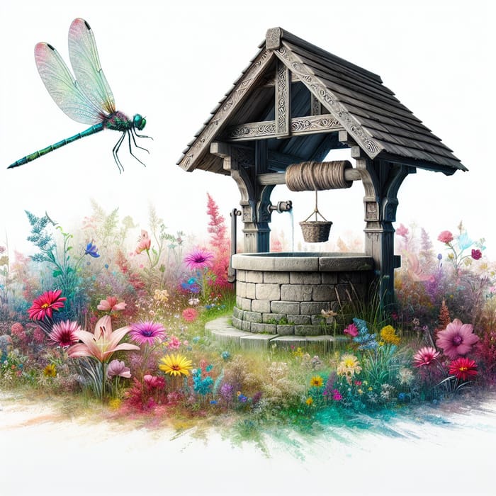 Intricately Designed Wishing Well with Wildflowers and Dragonfly