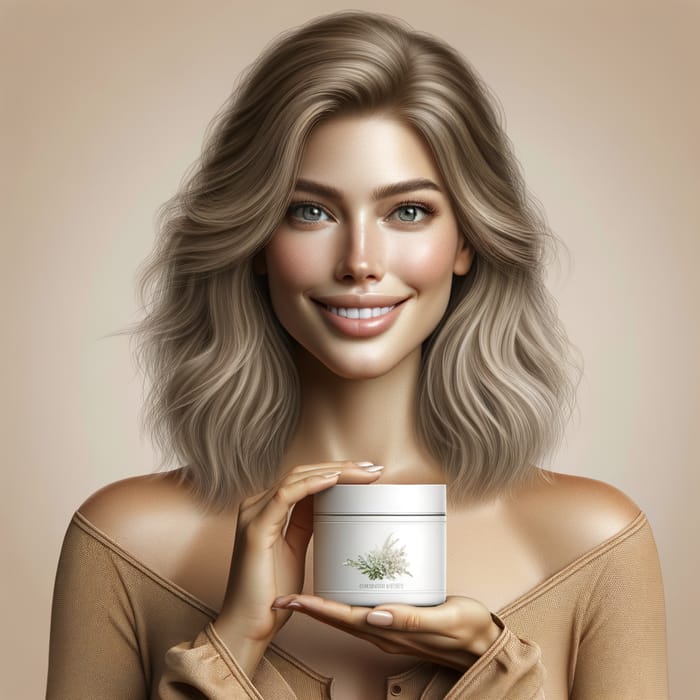 Young Blonde Caucasian Woman Smiling Holding Derm Nix Product