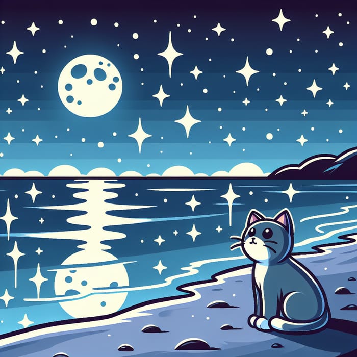 Cartoon Cat on Beach Under Clear Night Sky with Moon and Stars