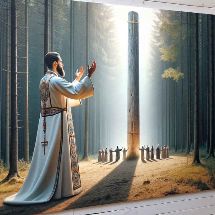 Modern Priest Worshiping Realistic Photographic Giant Pole
