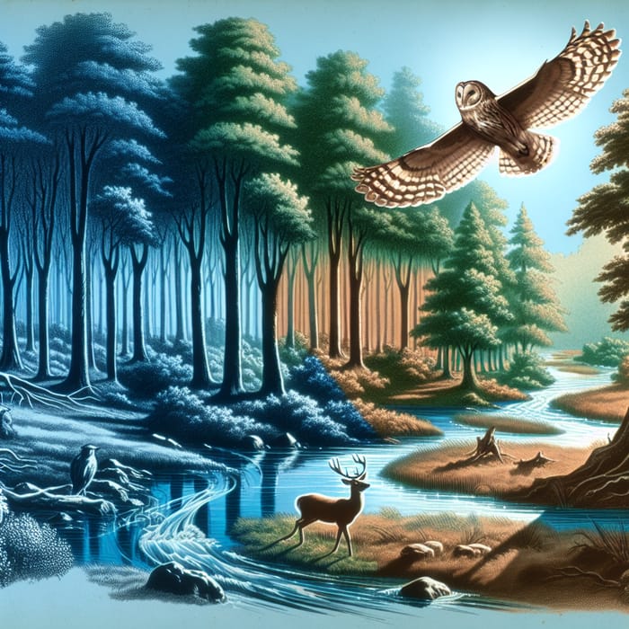 Forest Harmony: Deer, Owl, Stream Interaction