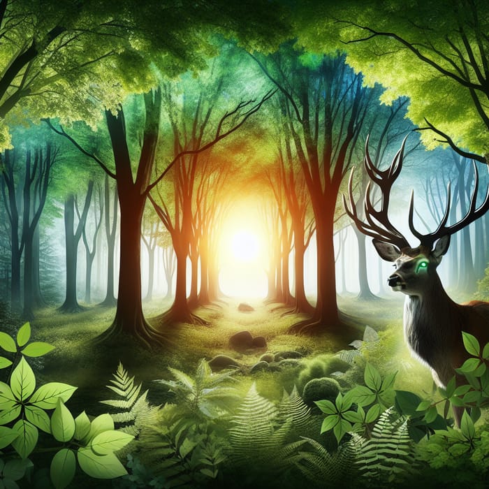 Tranquil Forest Scene: Majestic Deer Amidst Nature's Beauty
