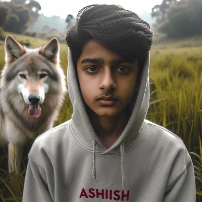 Young South Asian Boy in Grass Field with Hoodie Surrounded by Wolf