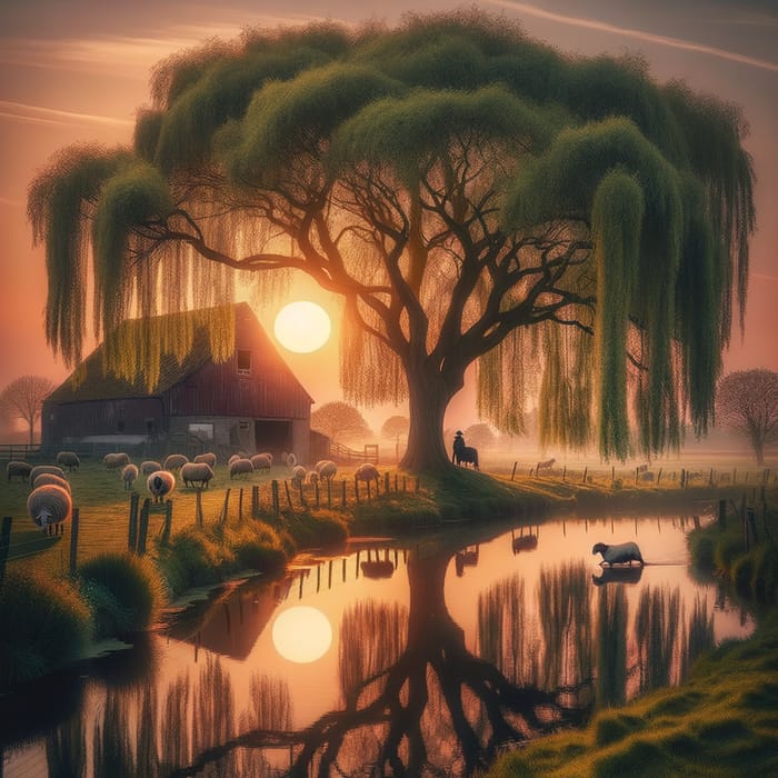 Beautiful Sunset Scene with Weeping Willow Tree in Rural Setting