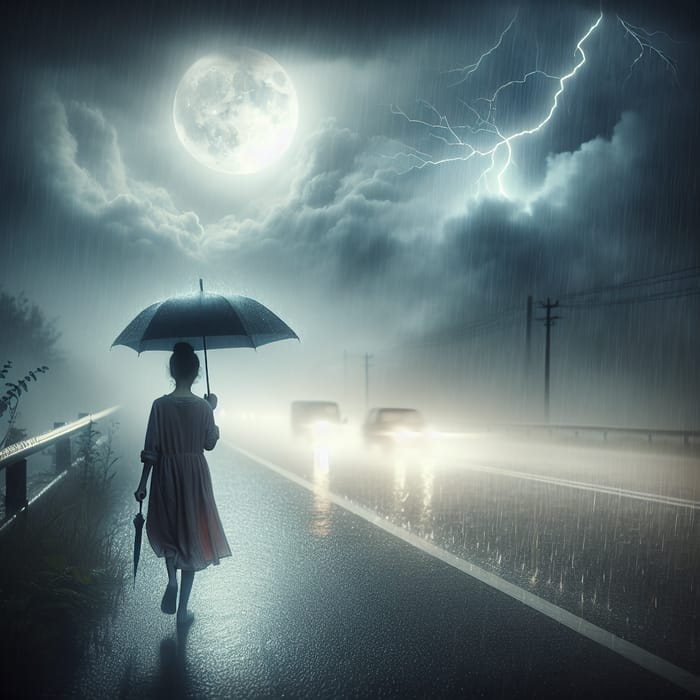 Hispanic Girl Walking in Rainy Moon Thunderstorm on Foggy Highway