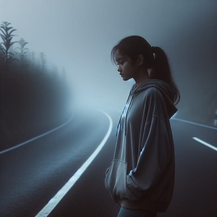 South Asian Girl Strolling in Fog on Night Highway
