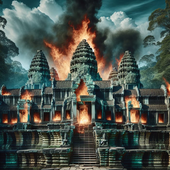 Angkor Wat Fire: Mystical Scene Amidst Jungle