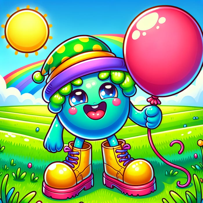 Colorful Cartoon Scene in a Green Field with a Joyful Character and Rainbow