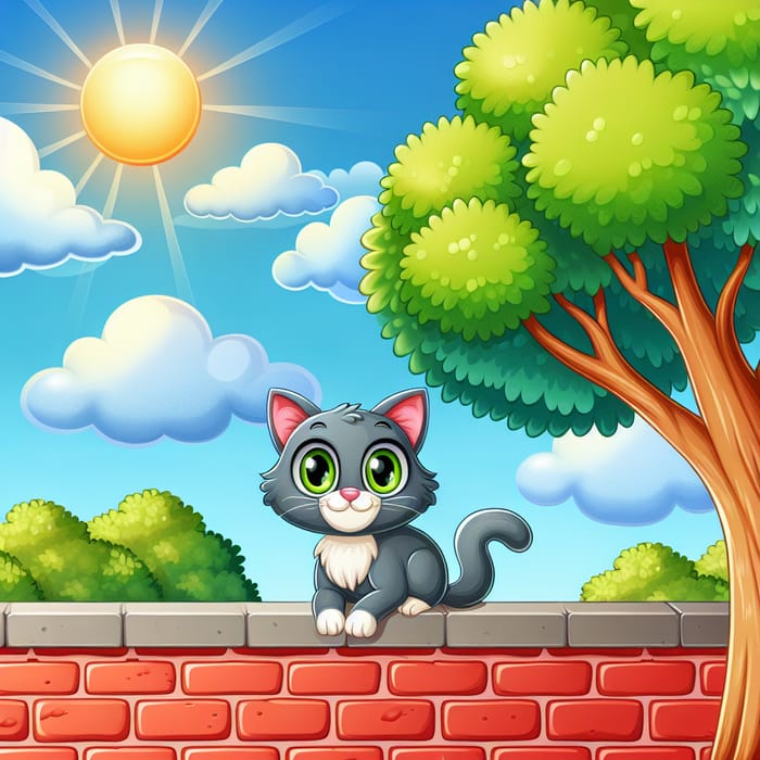 Colorful Cartoon Scene: Grey Cat on Red Brick Wall with Oak Tree and Blue Sky, featuring a Peaceful Afternoon