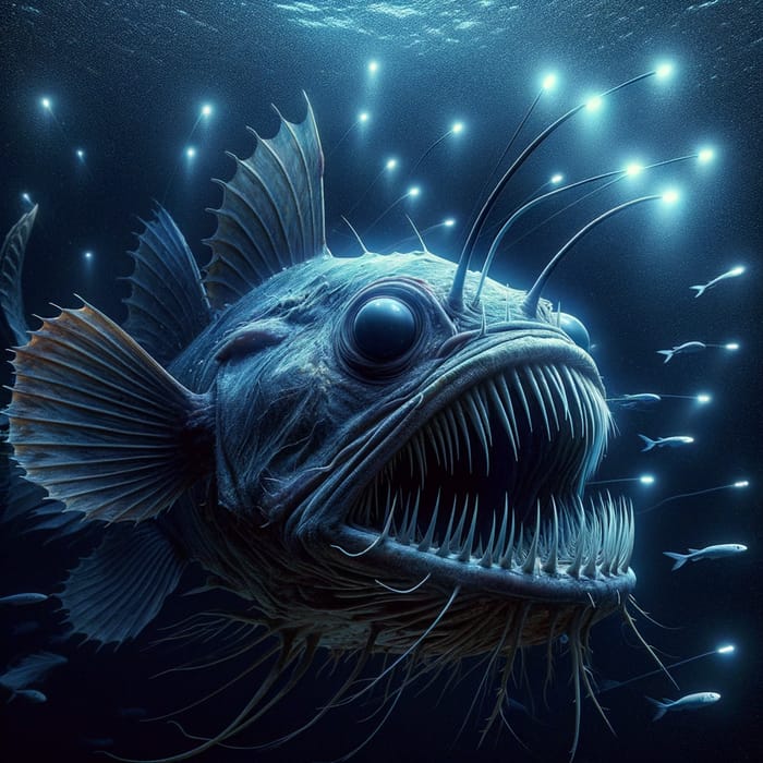 Angler Fish with Wide Open Jaw in Deep Sea Scene