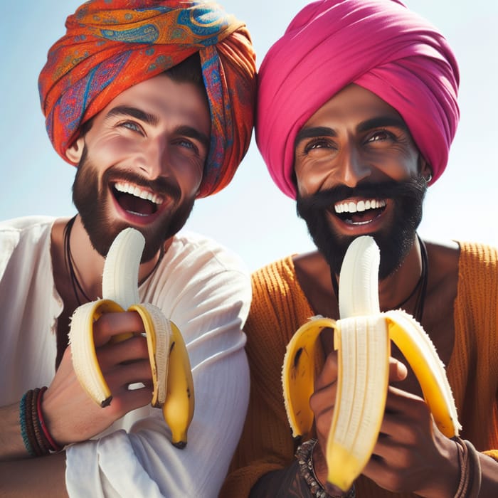 Colorful Turbaned Men Eating Fresh Bananas