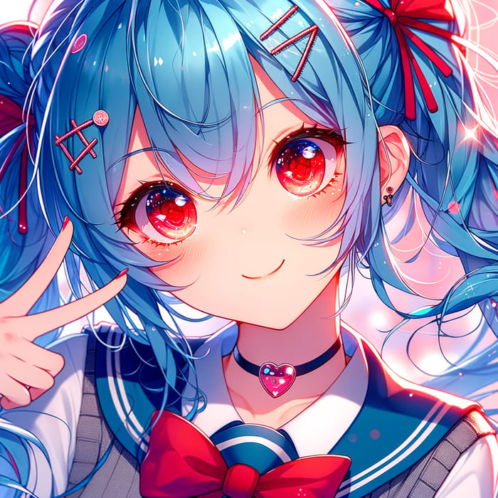 Anime Girl with Vivid Blue Hair and Radiant Red Eyes