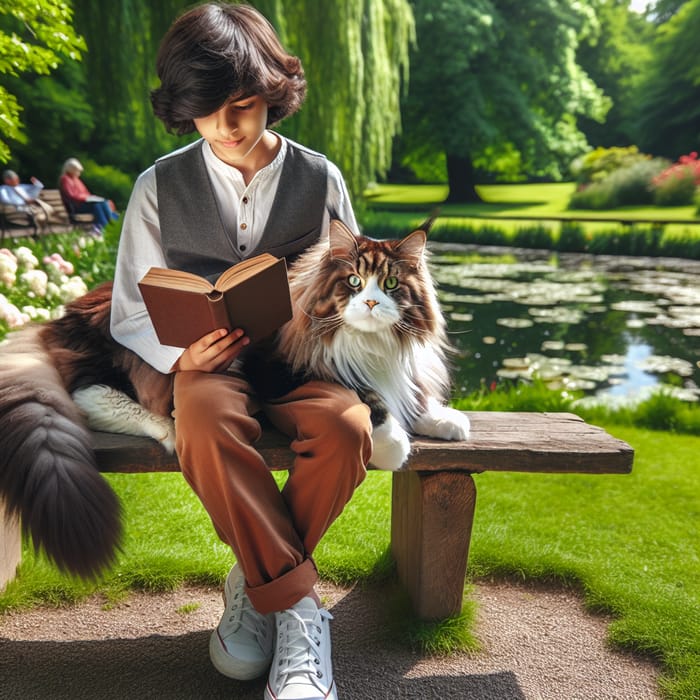Boy Sitting with Cat in Park