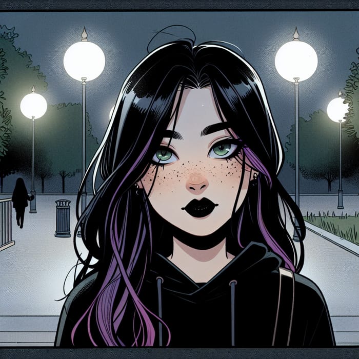 Asian Teen Girl with Long Black Hair and Purple Highlights Walking at Night | Comic Panel