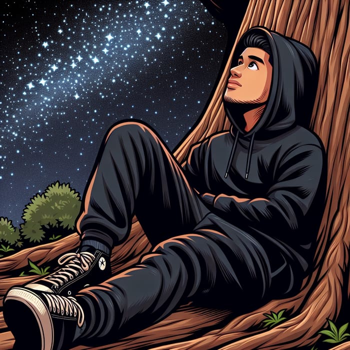Man in Black Sweatpants Sitting by Tree Stargazing in Cartoon Style