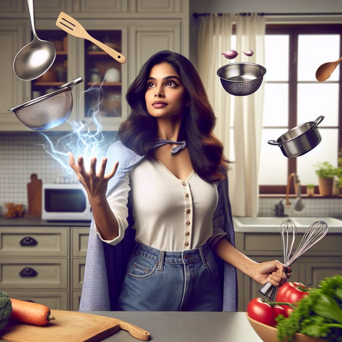 Young Beautiful Homemaker with Superpowers in Her Kitchen