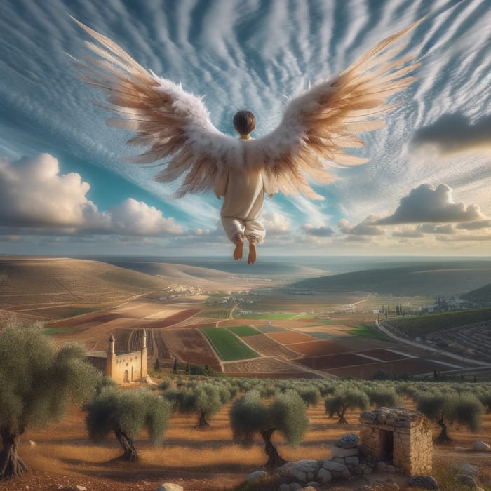 Child with Wings Soaring Above Palestinian Sky | Artwork