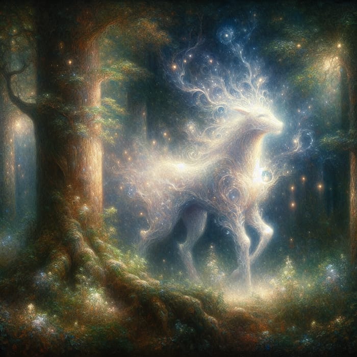 Enchanting Mystical Creature in Moonlit Forest | Fantasy-Impressionist Art