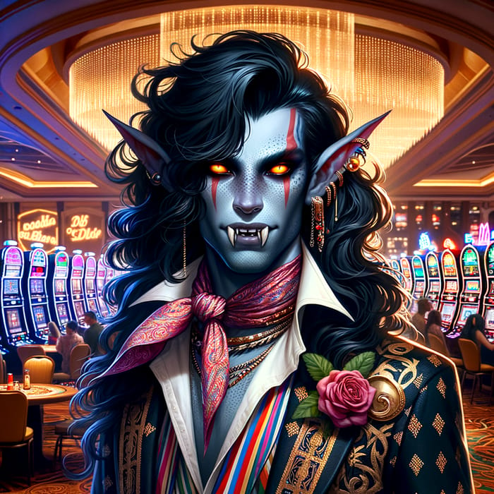 Tiefling Bard with Vampiric Features in Casino Glamour