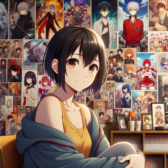 Young Woman with Short Black Hair in Anime Poster Room