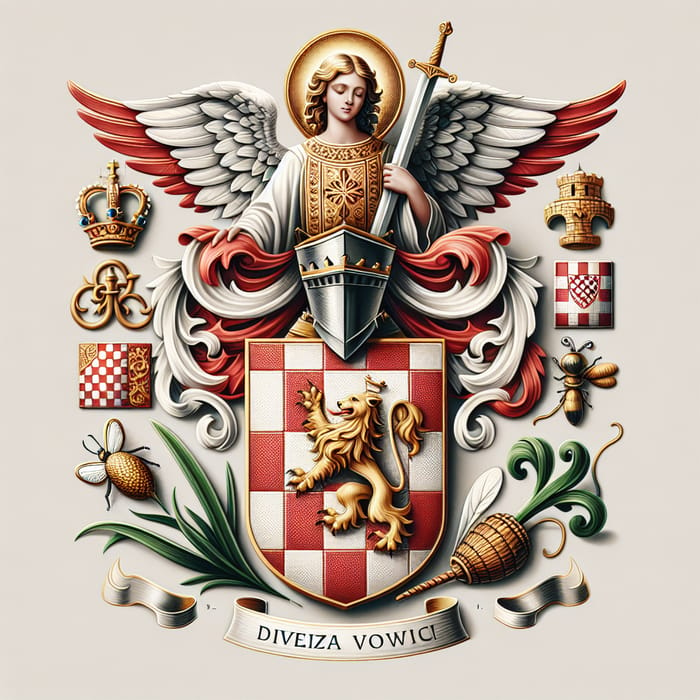 Medieval Family Coat of Arms: Angel Saint Michael, Croatian Symbols, Bee, Dalmatian Lion, Sibenik Wickerwork