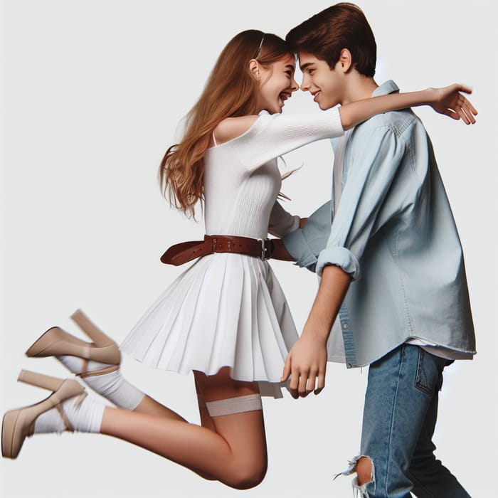 Teenage Girl in White Skirt and Heels Playfully Jumps Towards Boy