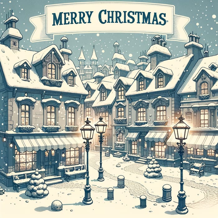 Merry Christmas Vintage Art | Snowy Townscape Inspired by Prague