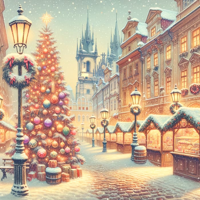 Magical Christmas Market in Snowy Vintage Town, Prague