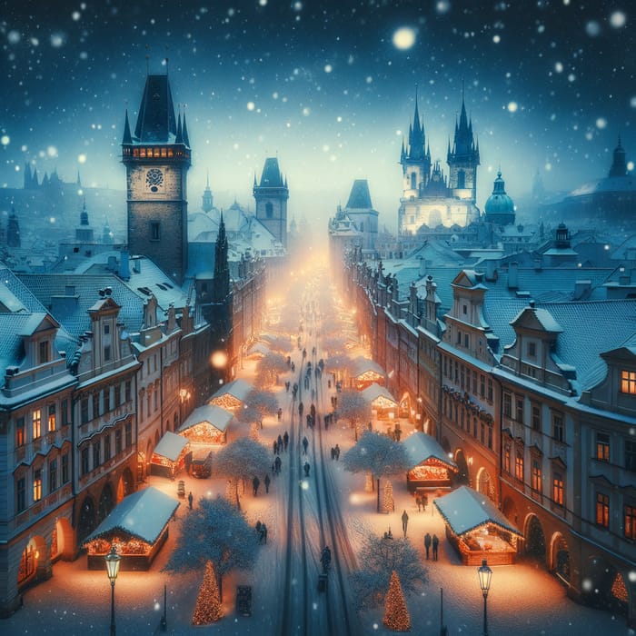 Magical Winter Wonderland in Prague: Enchanting Snowy Christmas Market Scene
