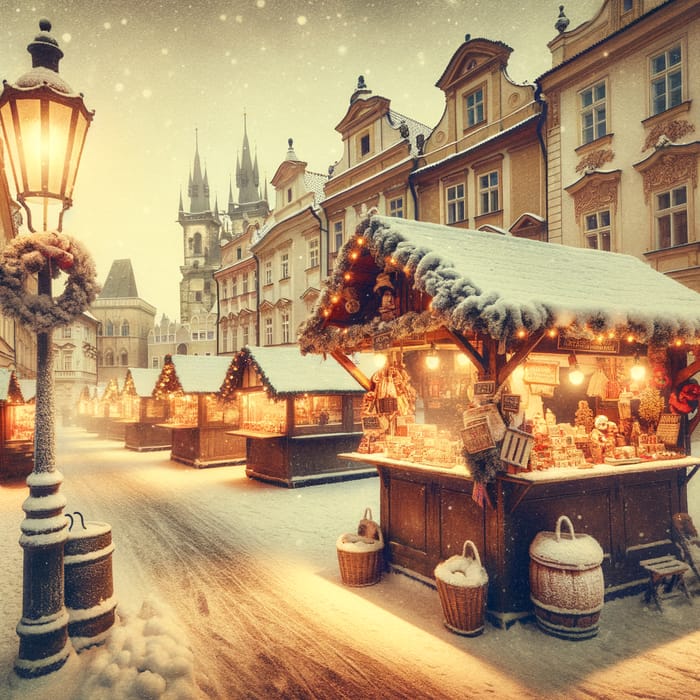Vintage Snowy Scene: Old Town Prague Christmas Market