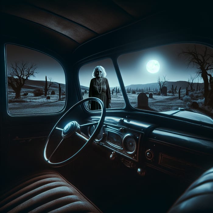 Eerie Haunted Scene: Old Spooky Lady at Vintage Car