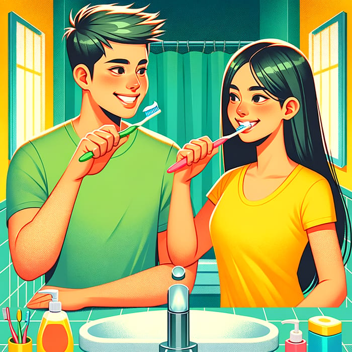 Vibrant Bathroom Toothbrushing Scene | Hygiene Routine Illustration