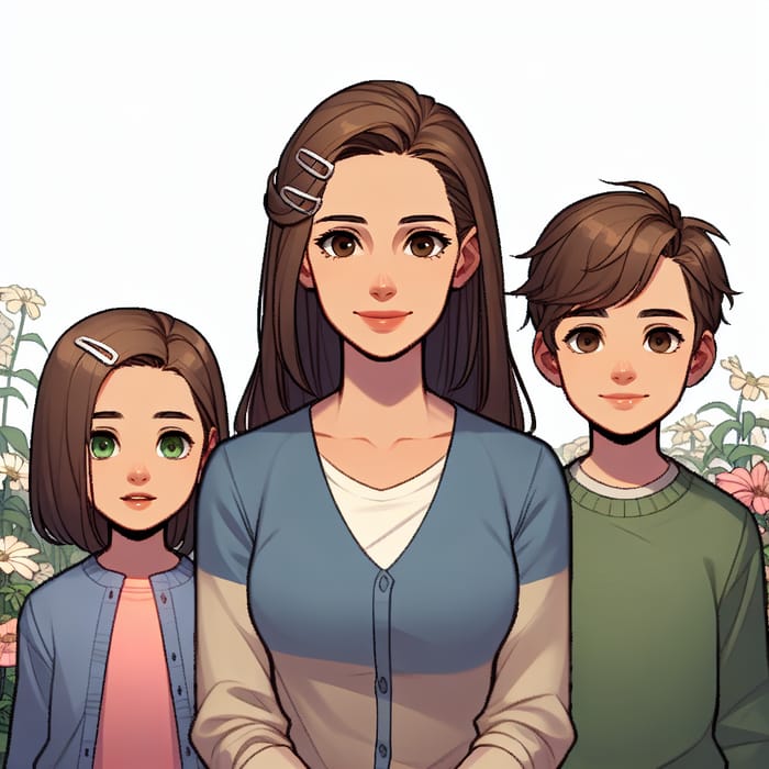 Modern Animated Style: Mother with Long Brown Hair & Kids in Flower Garden