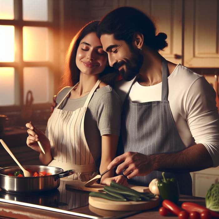Romantic Cooking Scene: Couple Cooking Together in Evening Glow