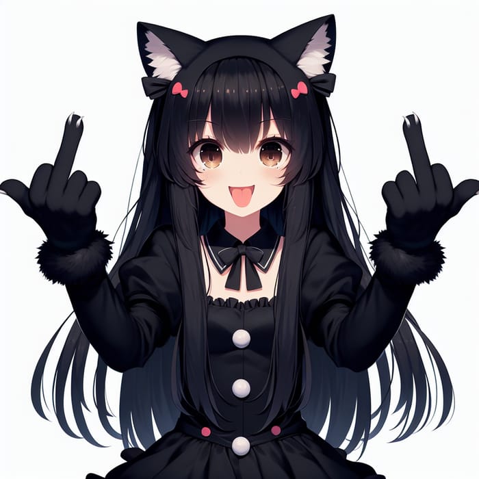 Cute Anime Cat Girl in Black Costume | Playful & Rebellious Gesture