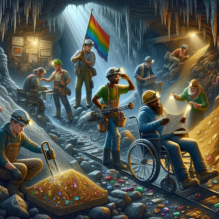 Celebratory Miner Scene: Diverse Workers and Colorful Minerals