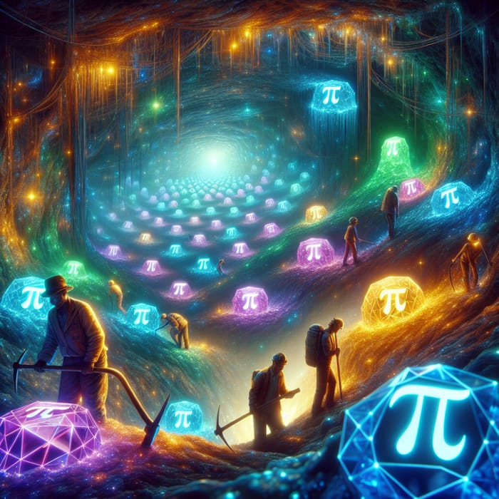 Mystical Pi Gem Mining: Diverse Miners in Ethereal Glow