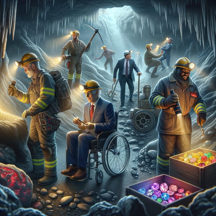 Diverse Underground Mining Scene with Sparkling Ores